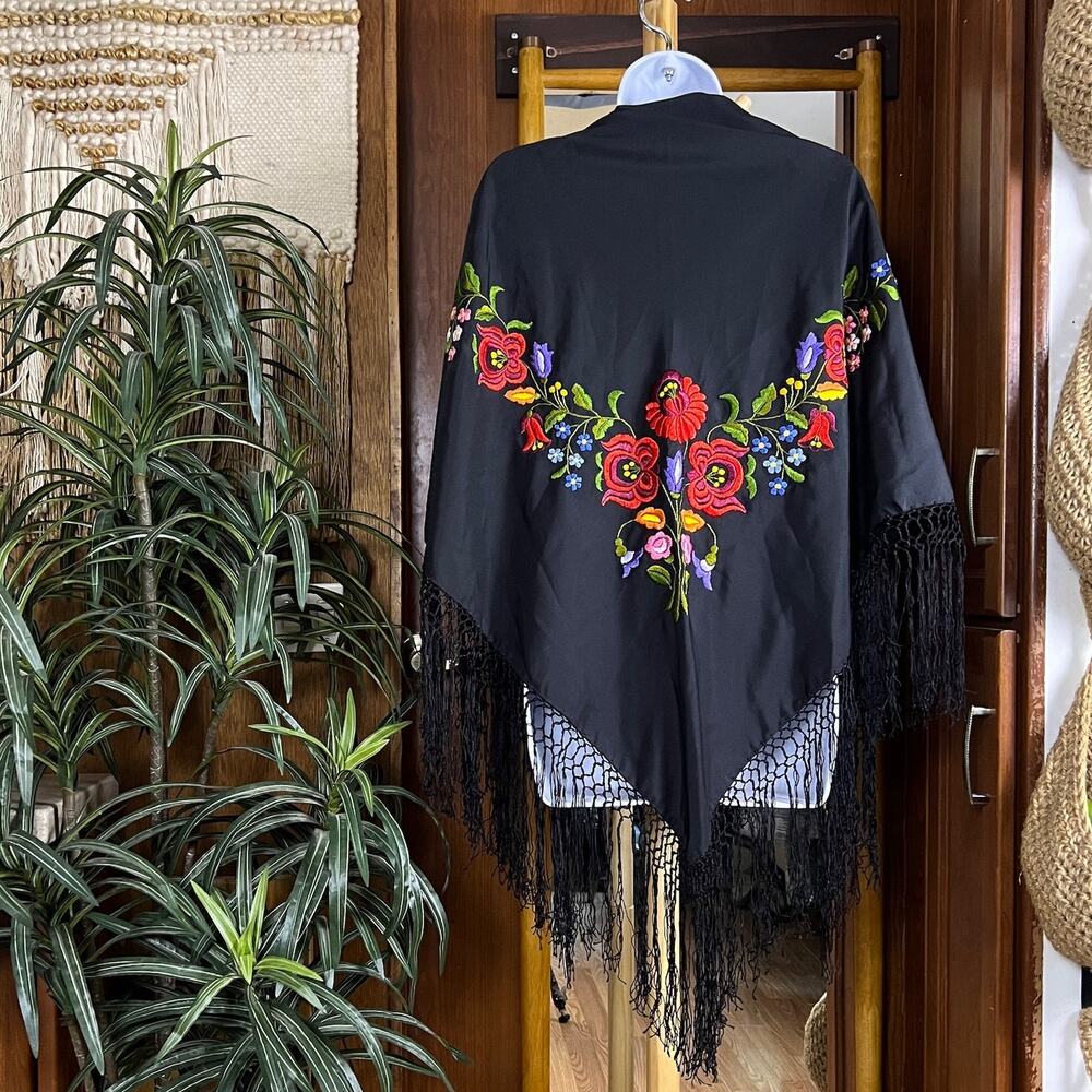 Vintage Style Piano Shawl Black Satin Embroidered Floral Fringe Triangle Scarf